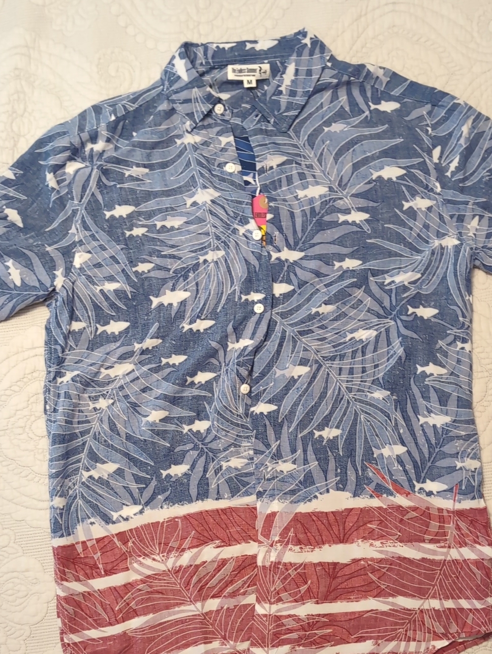Blue & White Fish Print Button-Up Shirt
